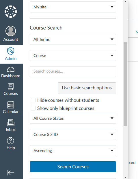 Admin flyout menu course search